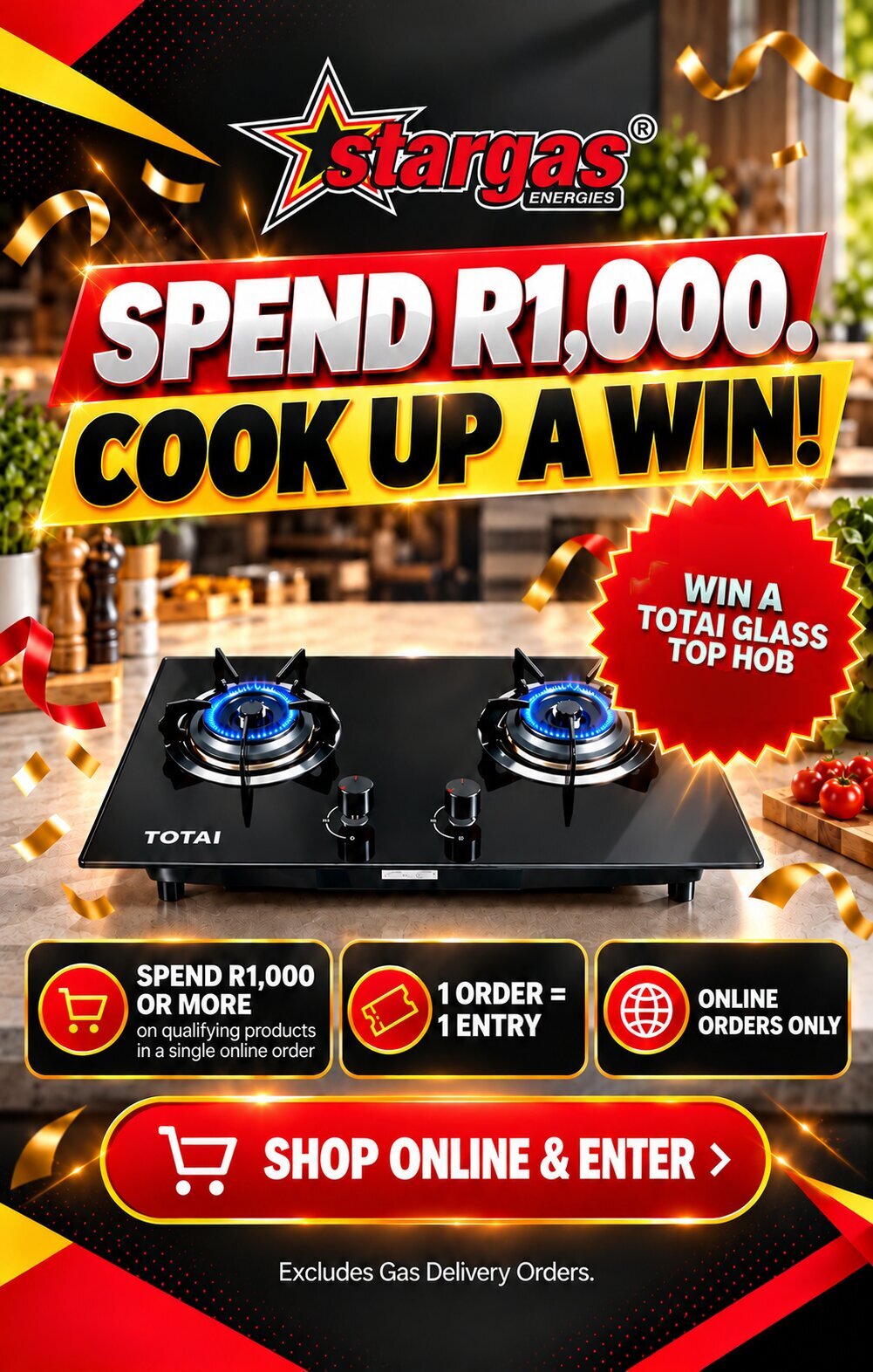 Spend R1 000, cook up a win. Win a Totai Glass Top Hob. Shop online and enter.