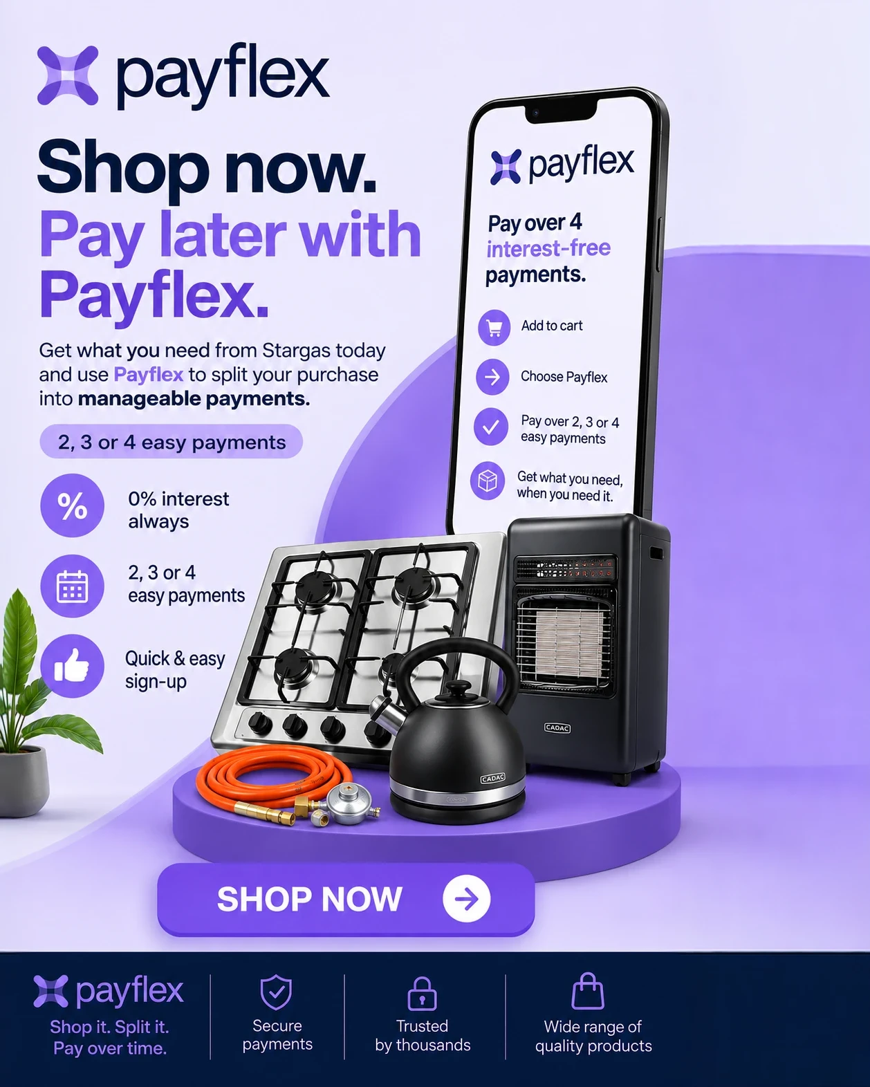 Shop now, pay later with Payflex. 0% interest, 2, 3 or 4 easy payments.