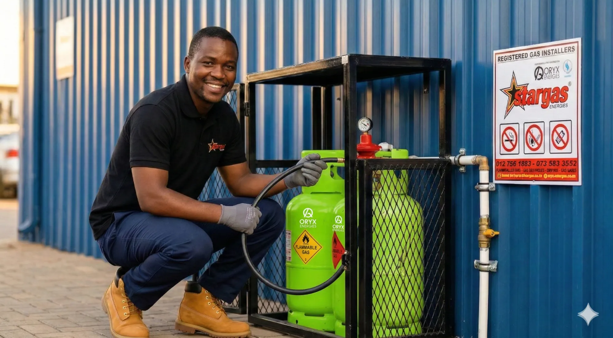 Stargas technician installing an LPG cylinder cage